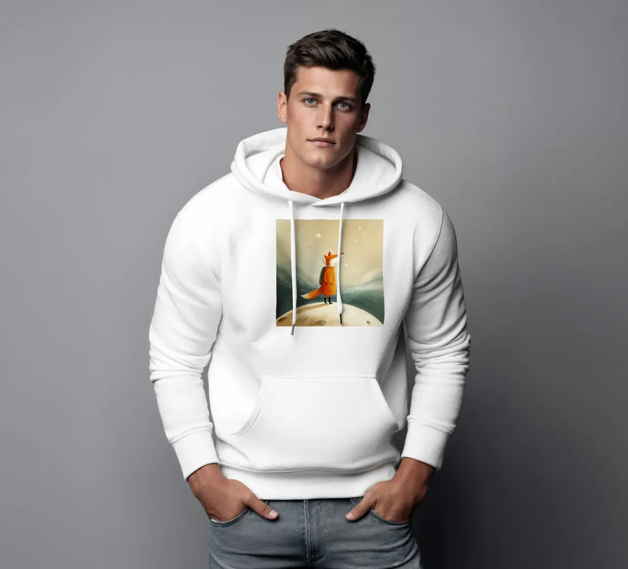 Kleiner Fuchs unter Mond und Sternen - Minimalistische Baby Kunst Hoodie von Modern Muse