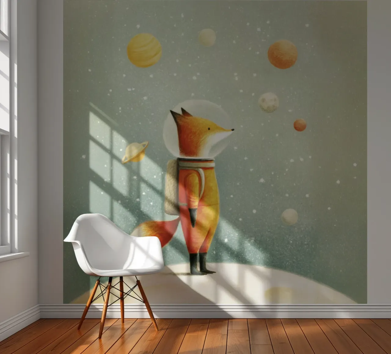 Astronaut Fox on Earth – Cute Minimal Space Nursery Art photo wallpaper by Modern Muse