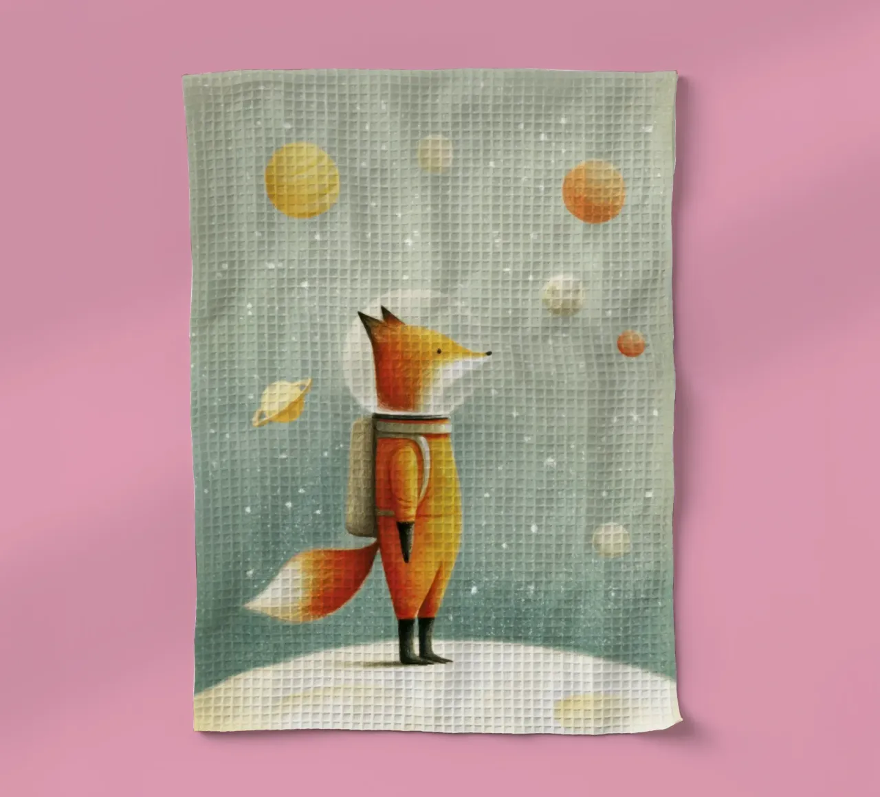 Astronaut Vos op Aarde - Schattige Minimal Space Art theedoek van Modern Muse