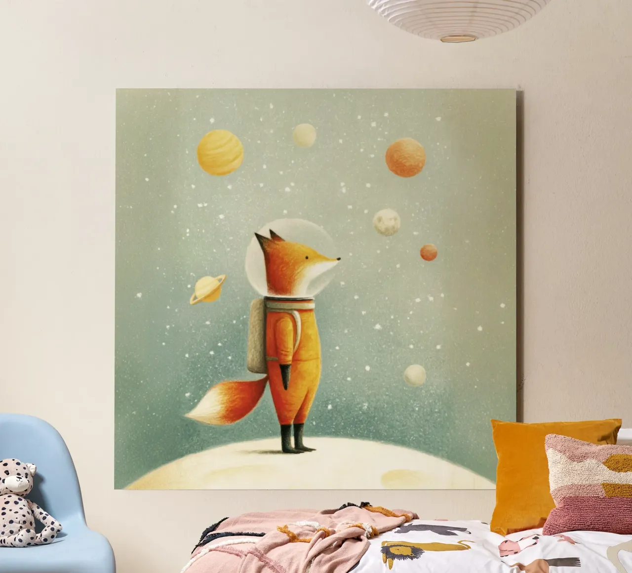 Astronaut Fuchs auf der Erde - Niedliche Minimal Space Kinderzimmer Kunst Forex-Platte von Modern Muse