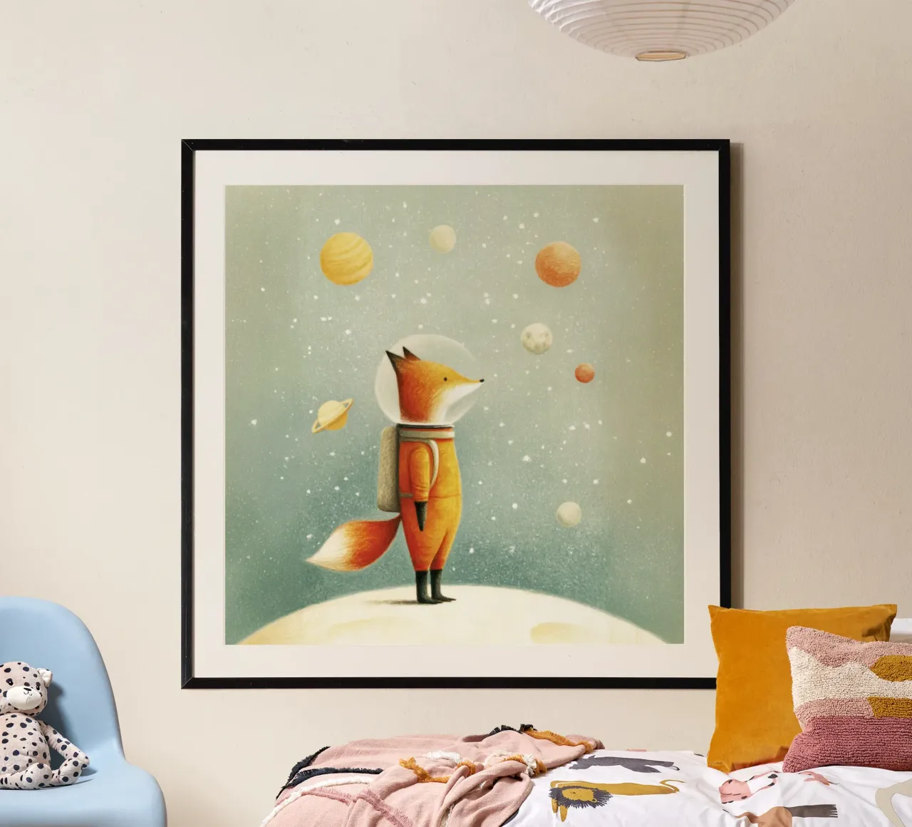 Astronaut Fuchs auf der Erde - Niedliche Minimal Space Kinderzimmer Kunst Hahnemühle von Modern Muse