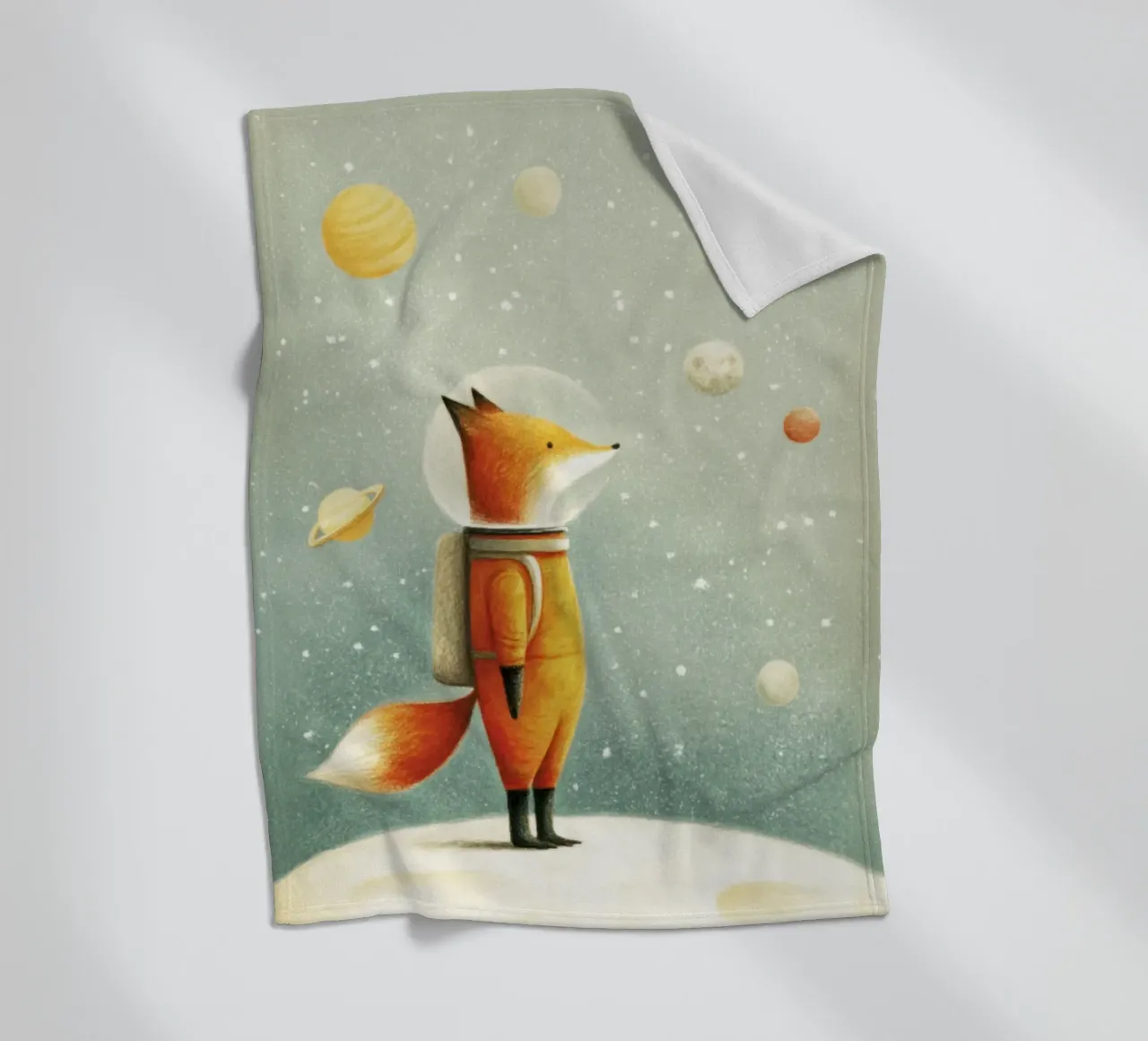 Astronaut Fuchs auf der Erde - Niedliche Minimal Space Kinderzimmer Kunst Fleecedecke von Modern Muse