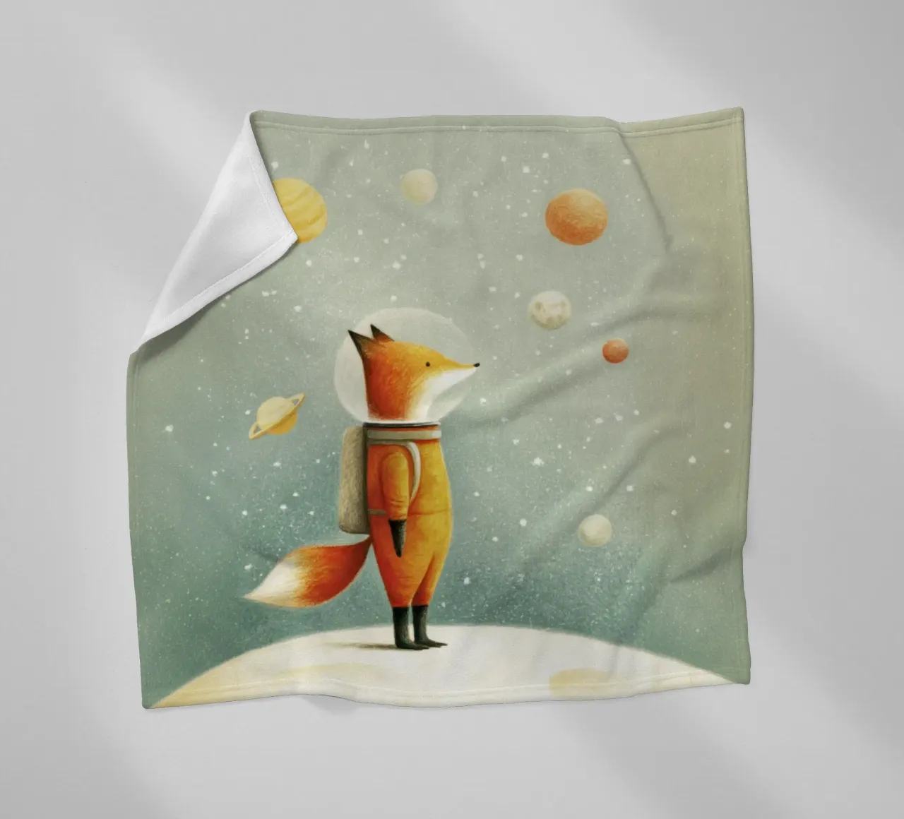 Astronaut Fuchs auf der Erde - Niedliche Minimal Space Kinderzimmer Kunst Fleecedecke von Modern Muse