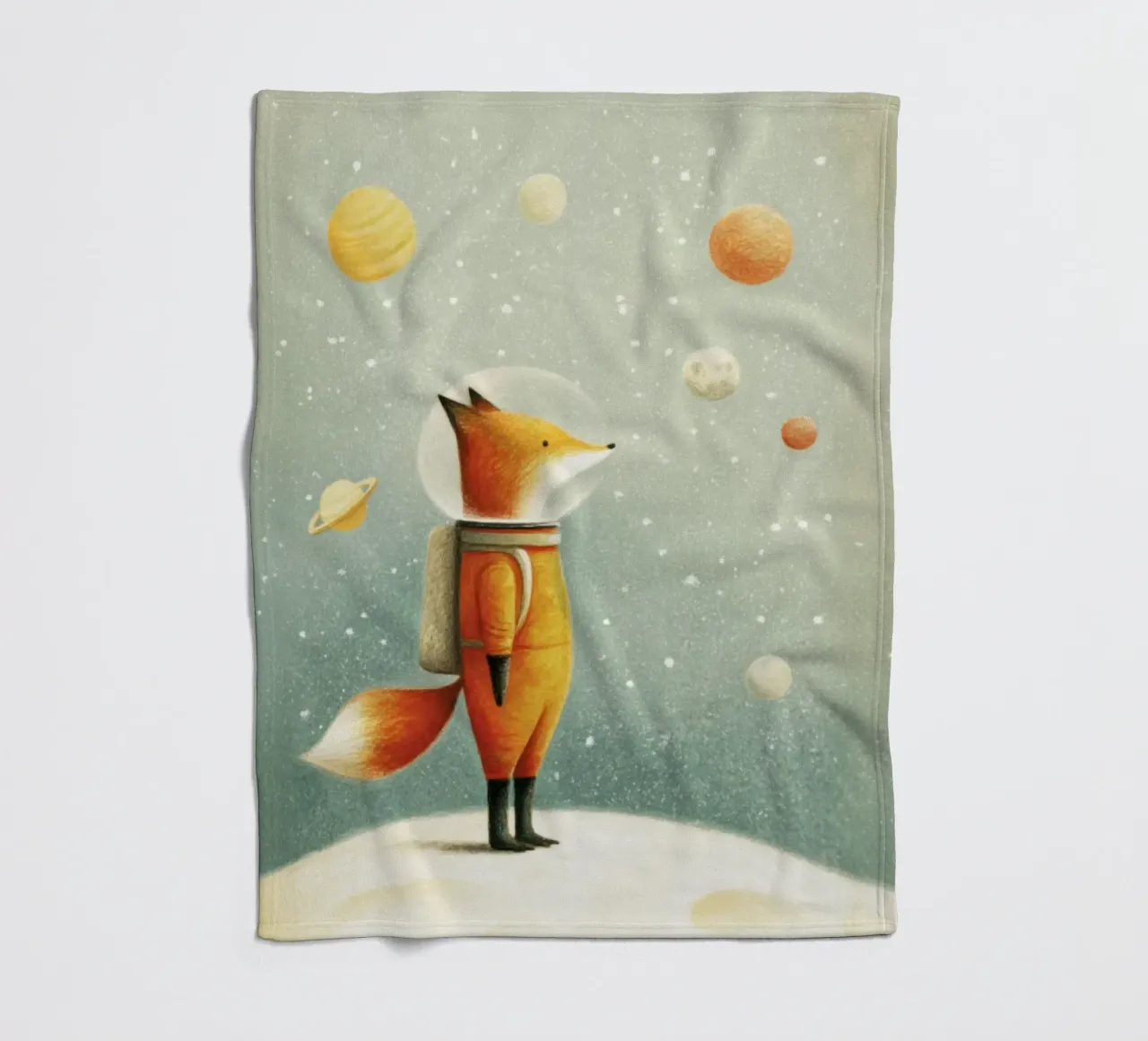 Astronaut Fuchs auf der Erde - Niedliche Minimal Space Kinderzimmer Kunst Fleecedecke von Modern Muse