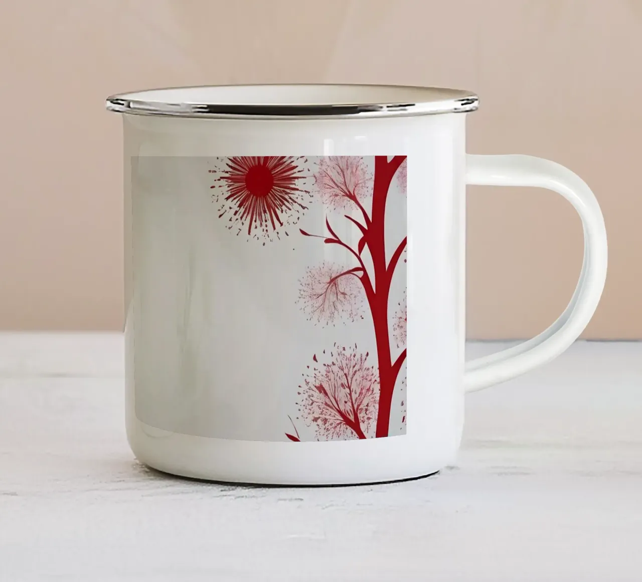 abstract ontwerp met gestileerde rode bloesems emaille mok van DesignDoodle