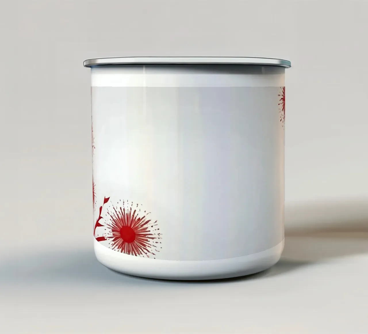 abstract ontwerp met gestileerde rode bloesems emaille mok van DesignDoodle