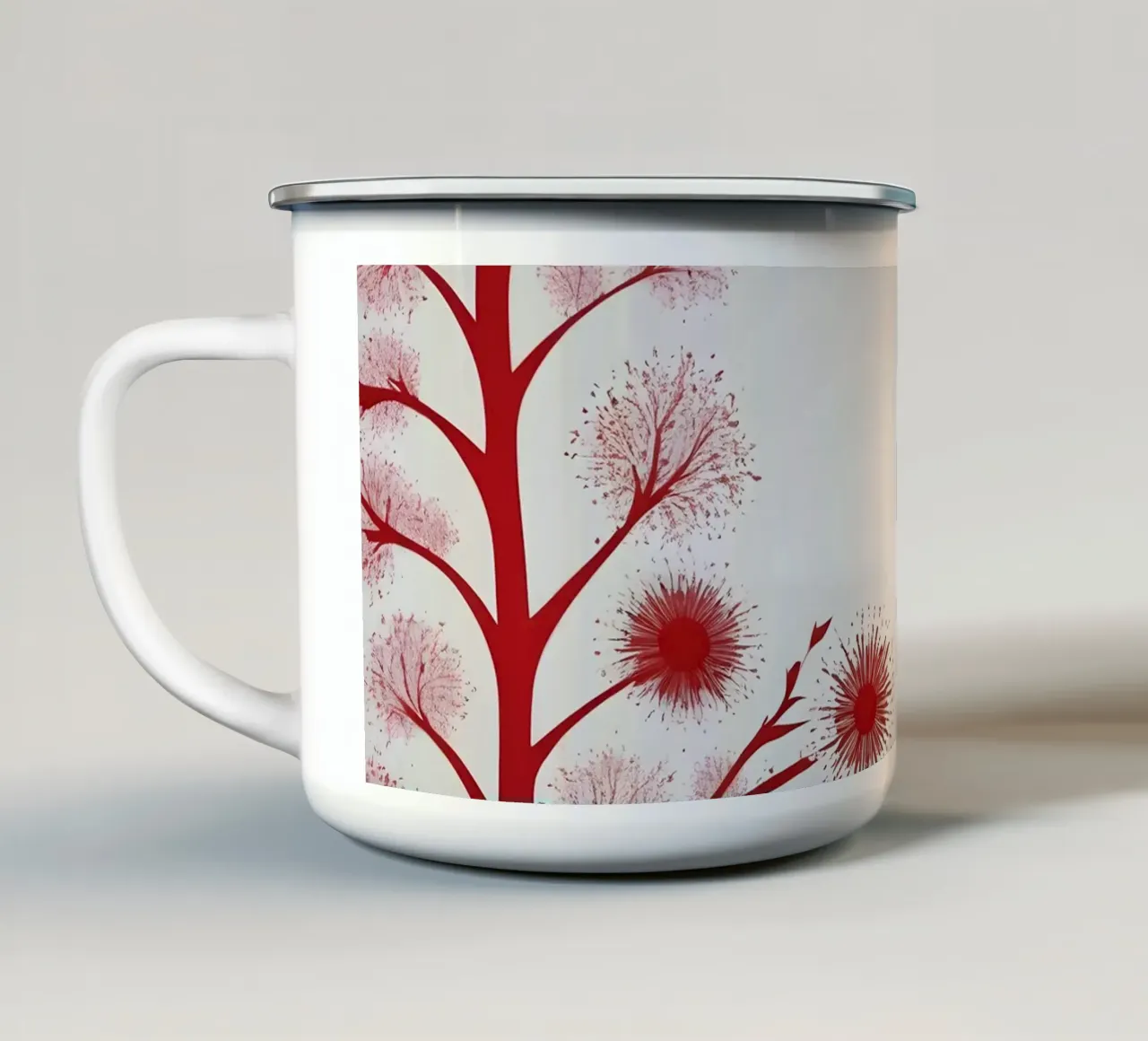 abstract ontwerp met gestileerde rode bloesems emaille mok van DesignDoodle