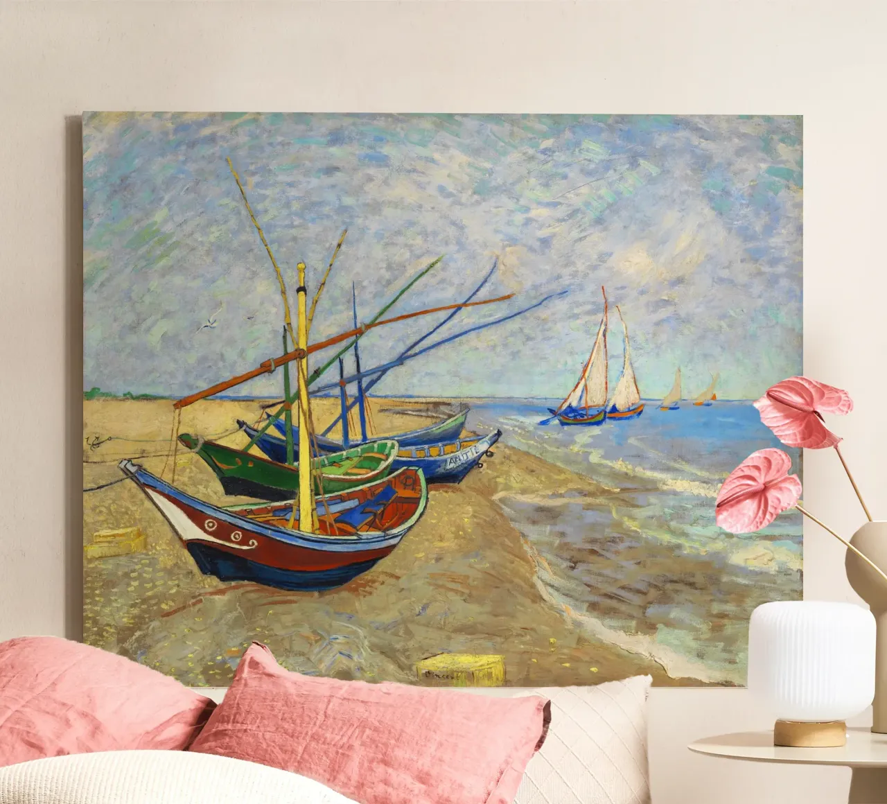 Vissersboten van Vincent van Gogh op het strand van Saintes-Mar canvas met Baklijst van Van Gogh Prints