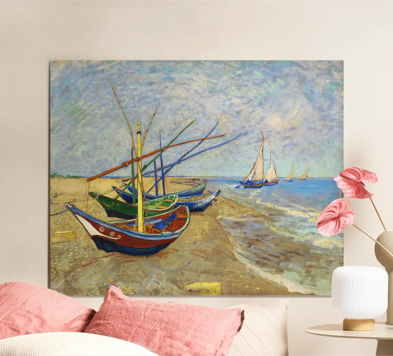 Le barche da pesca di Vincent van Gogh sulla spiaggia di Saintes-Mar poster da Van Gogh Prints