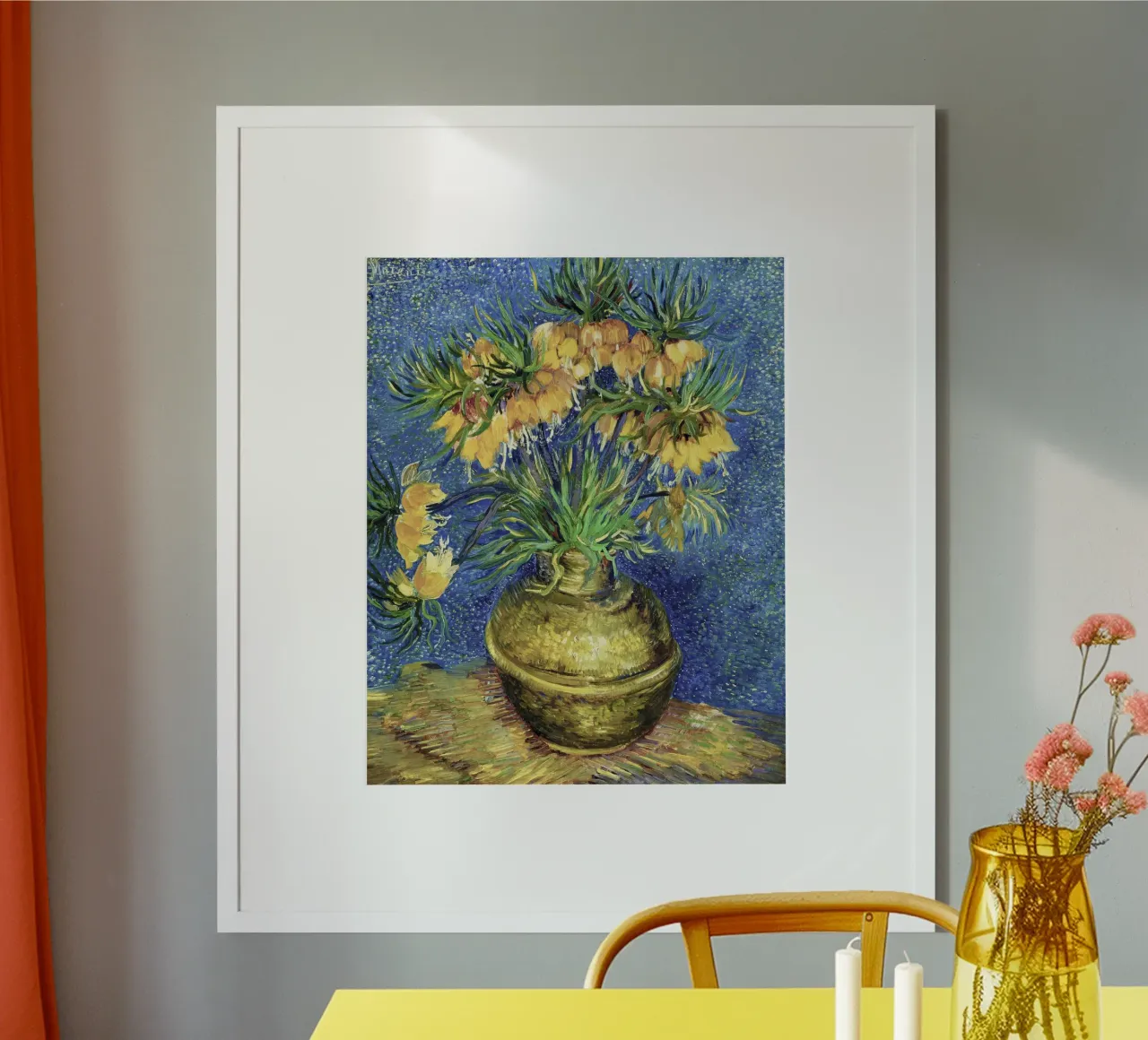 Vincent van Gogh's Imperial Fritillaries in a Copper Vase poster con telaio in legno da Van Gogh Prints