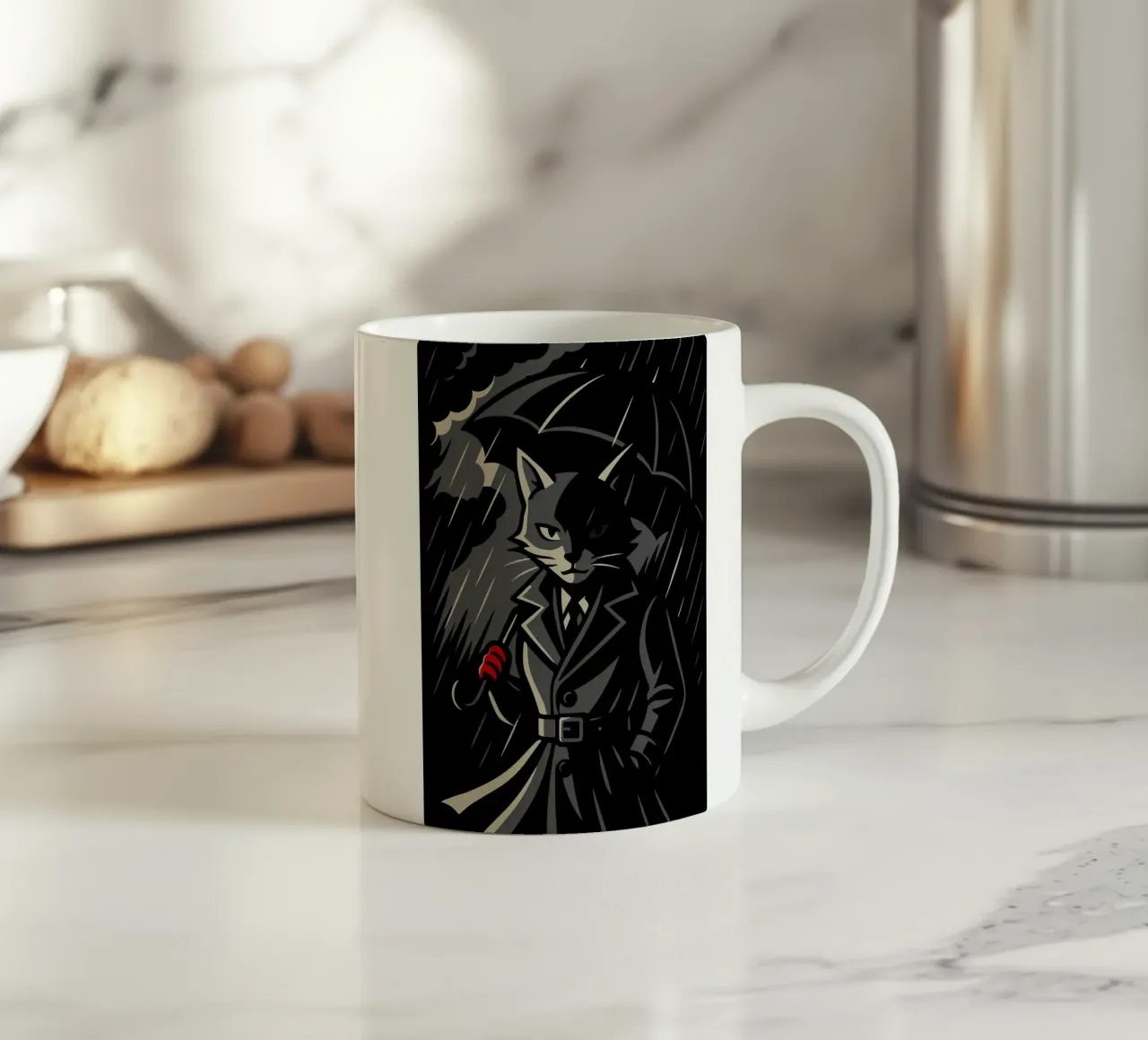 Mysterious cat in a trench coat - Noir animal motif ceramic mug by nanosh