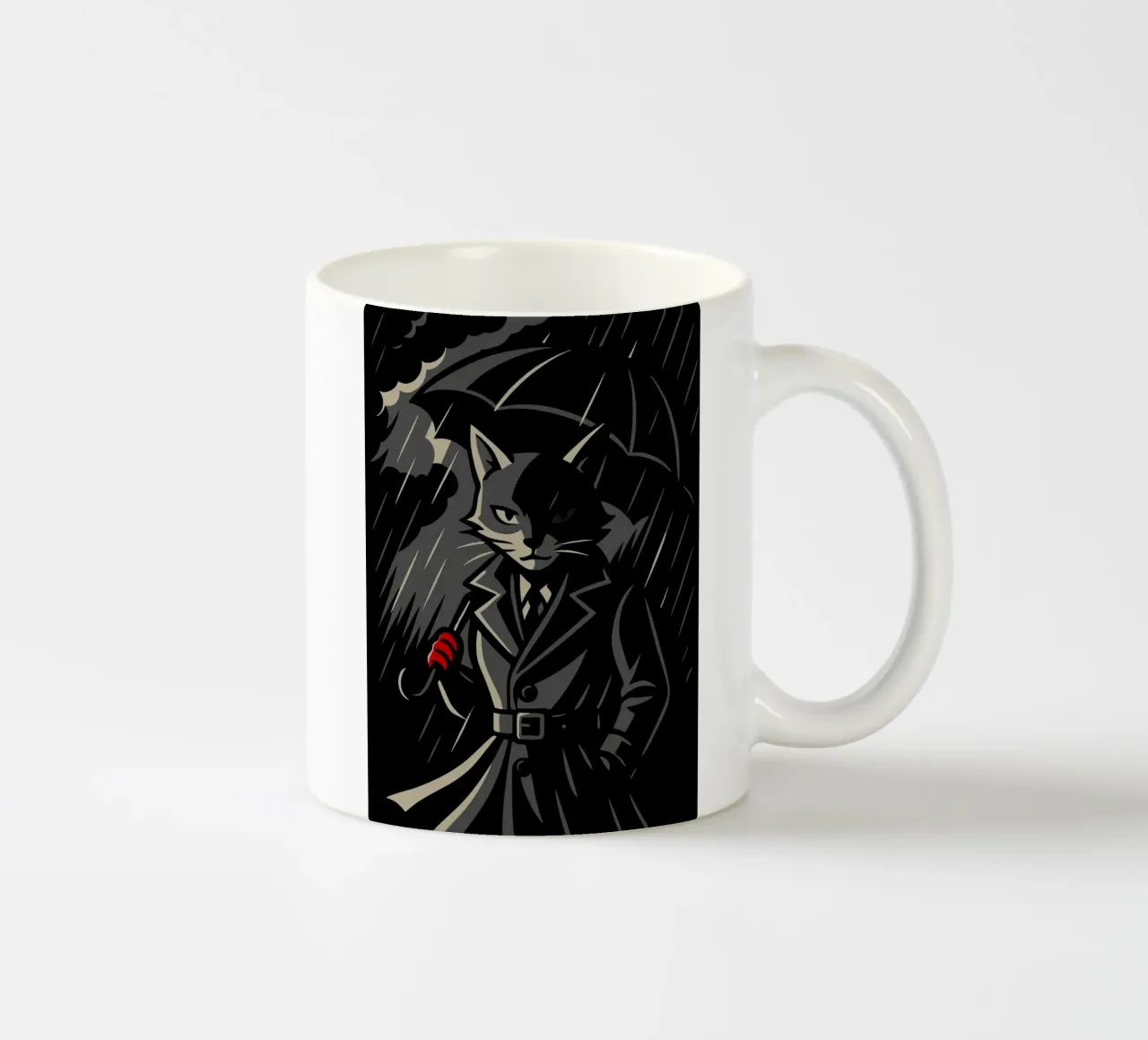 Mysterious cat in a trench coat - Noir animal motif ceramic mug by nanosh