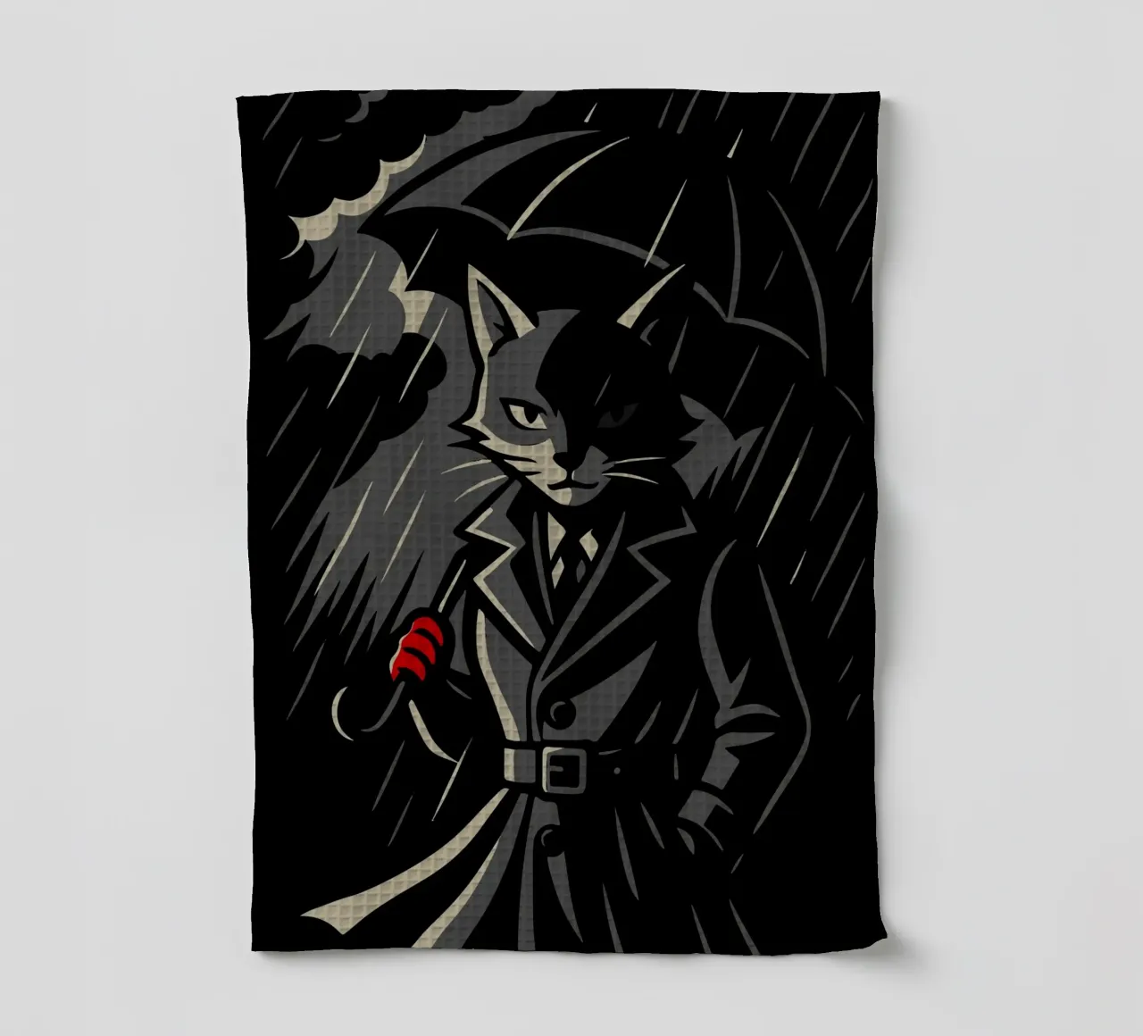 Mysterious cat in a trench coat - Noir animal motif tea towel by nanosh