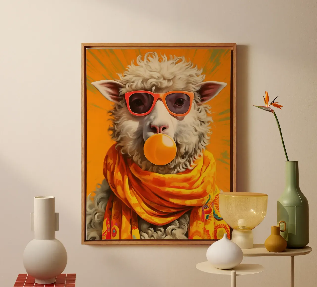 The cool orange pop art sheep enjoys spring canvas with Floater frame by Autofocus