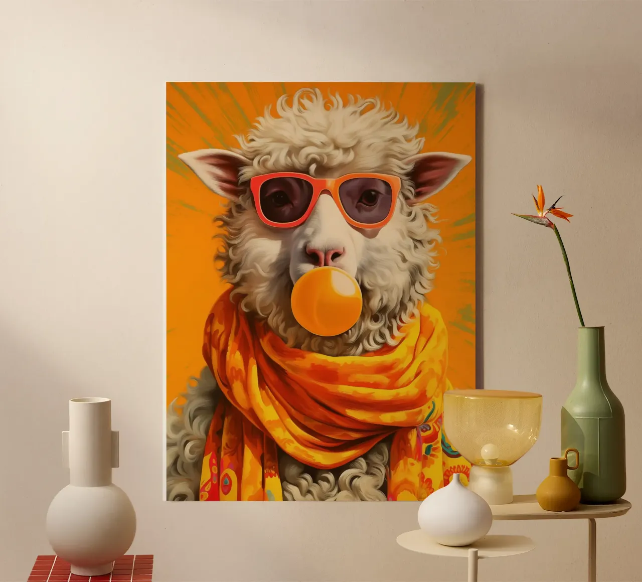The cool orange pop art sheep enjoys spring canvas with Floater frame by Autofocus