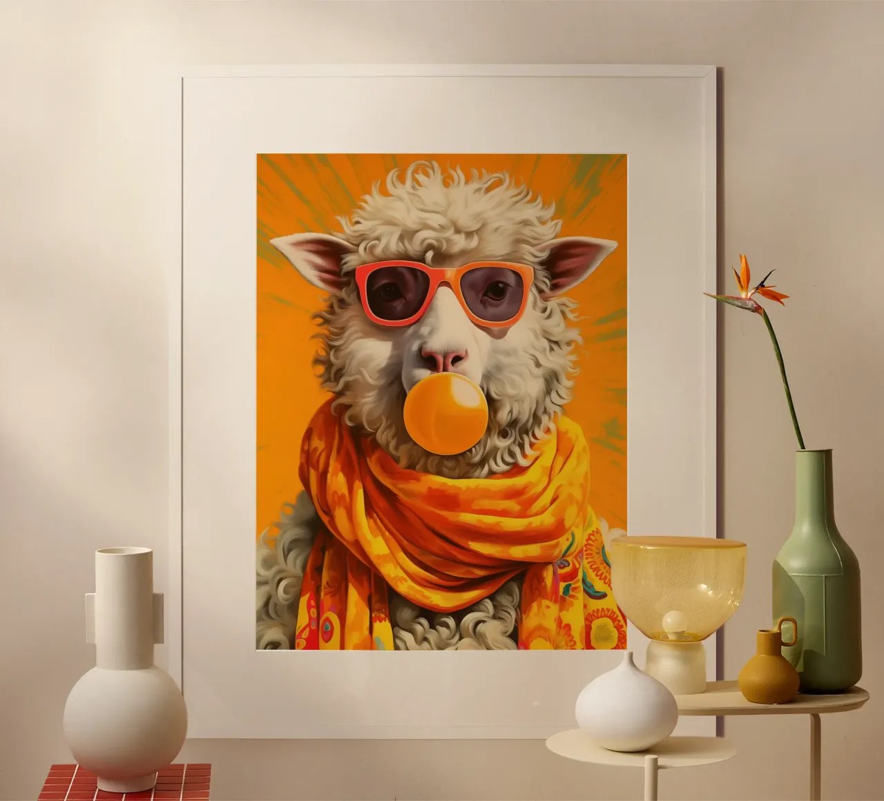 The cool orange pop art sheep enjoys spring poster with wooden frame by Autofocus