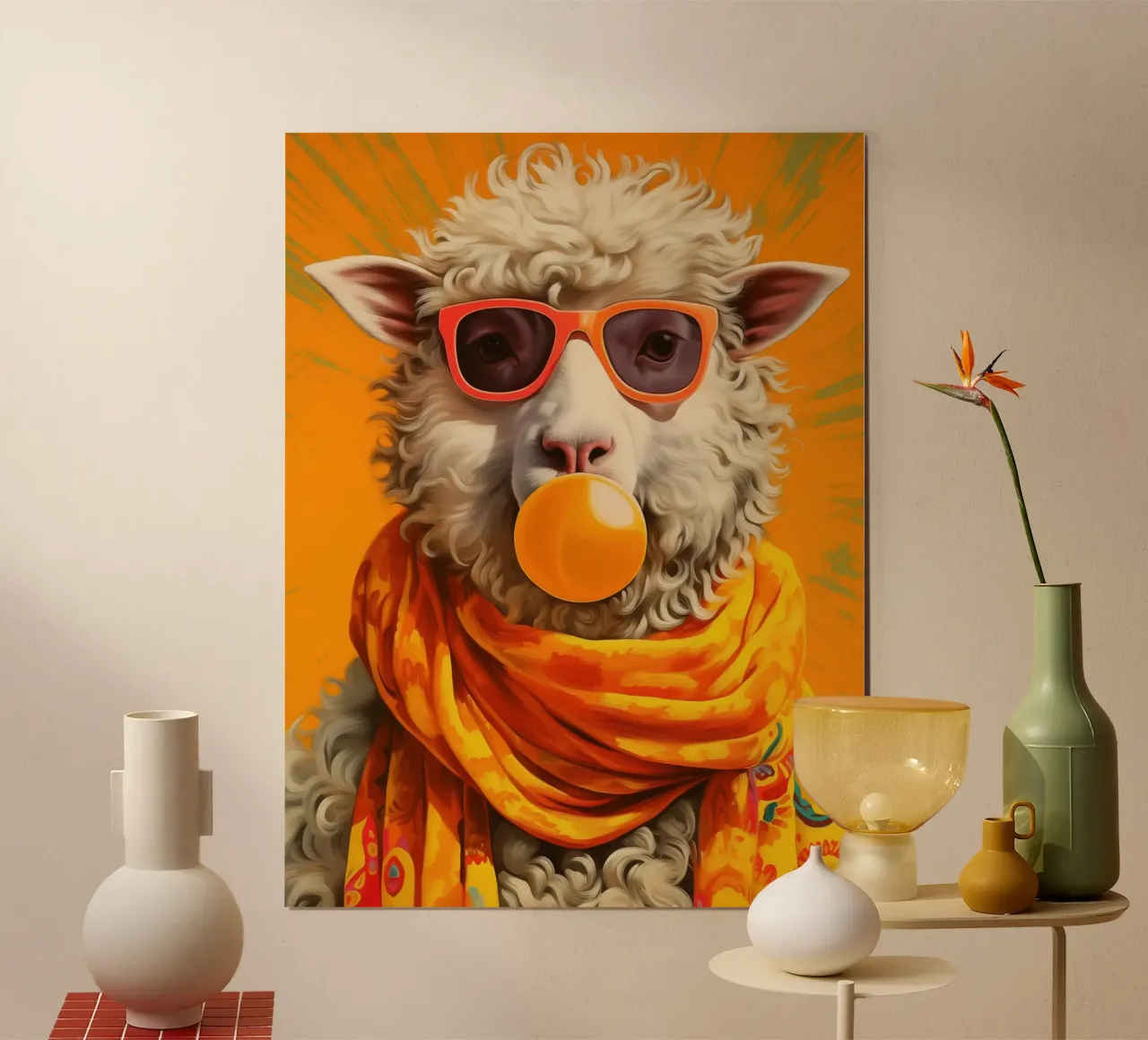 The cool orange pop art sheep enjoys spring poster with wooden frame by Autofocus