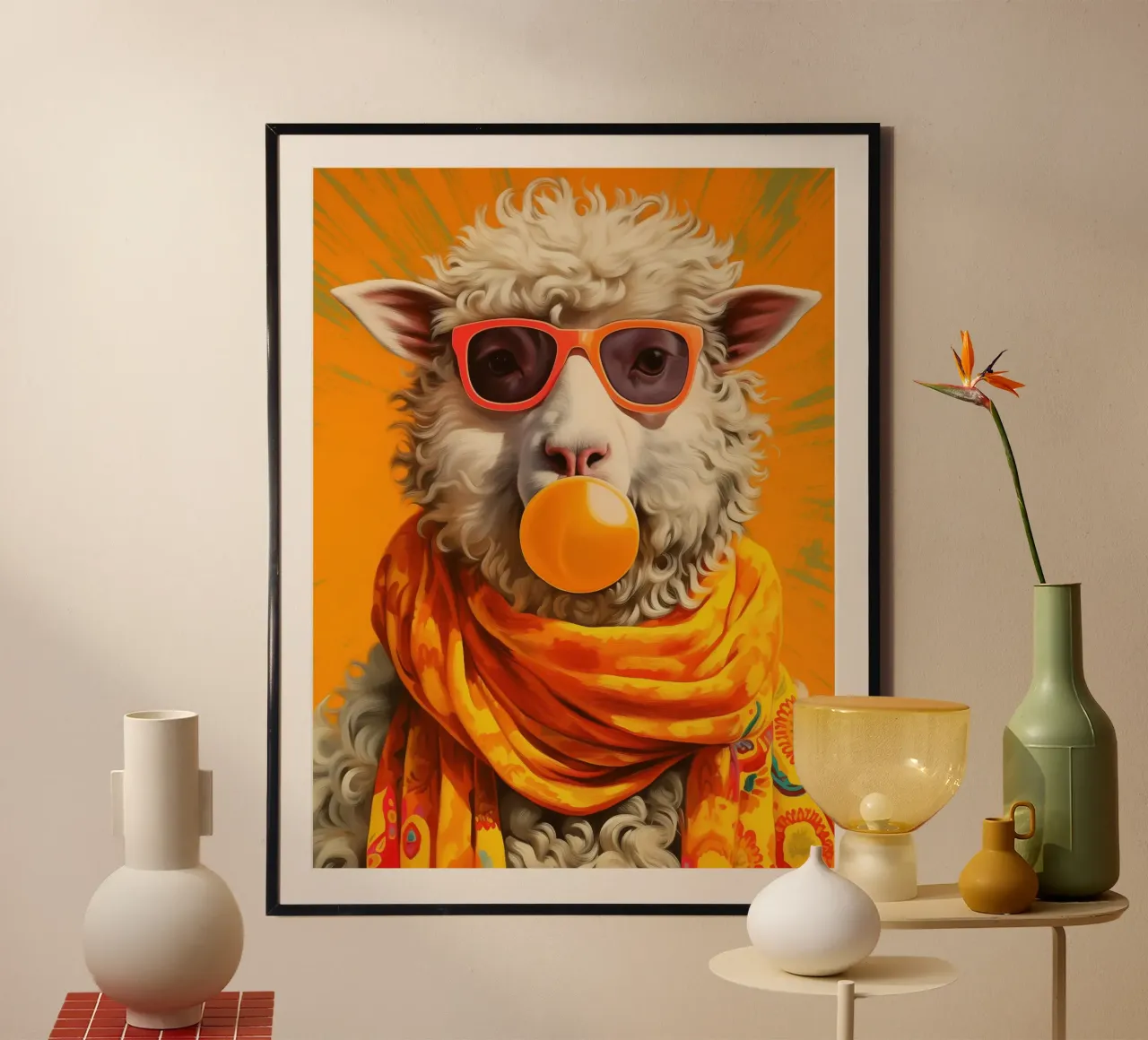 The cool orange pop art sheep enjoys spring poster with wooden frame by Autofocus
