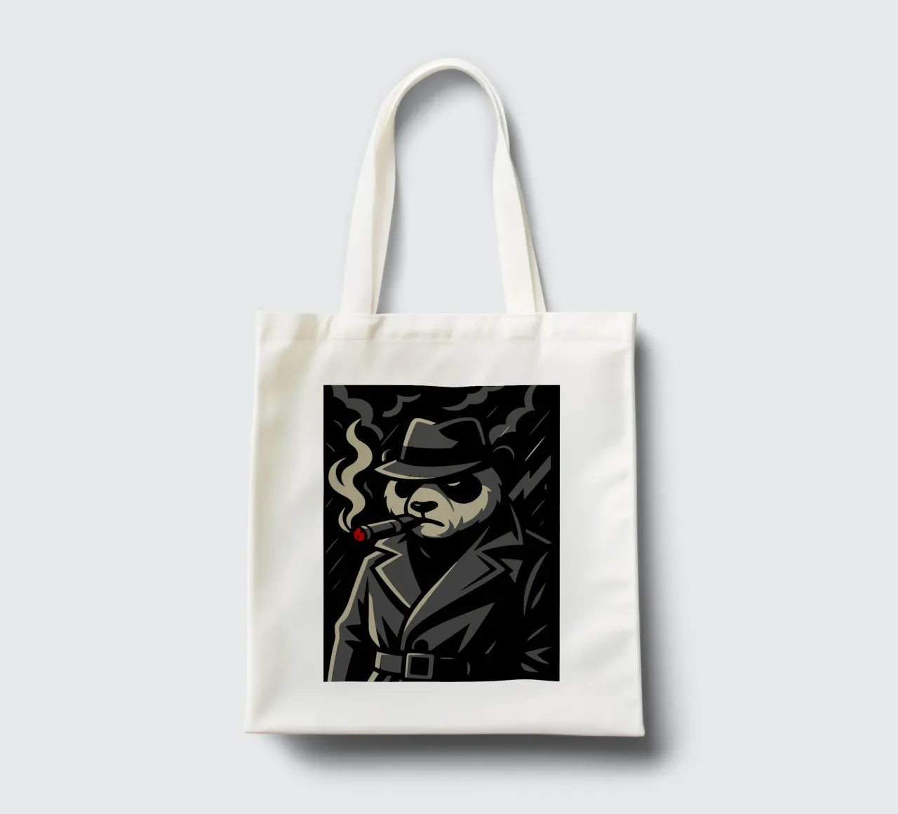 Panda in trench con sigaro - Motivo animale noir borsa in juta da nanosh