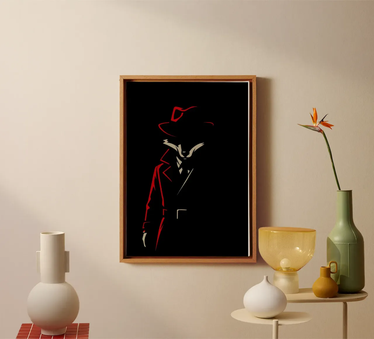 Fox in trench coat with red hat - Stylised motif canvas with Floater frame by nanosh