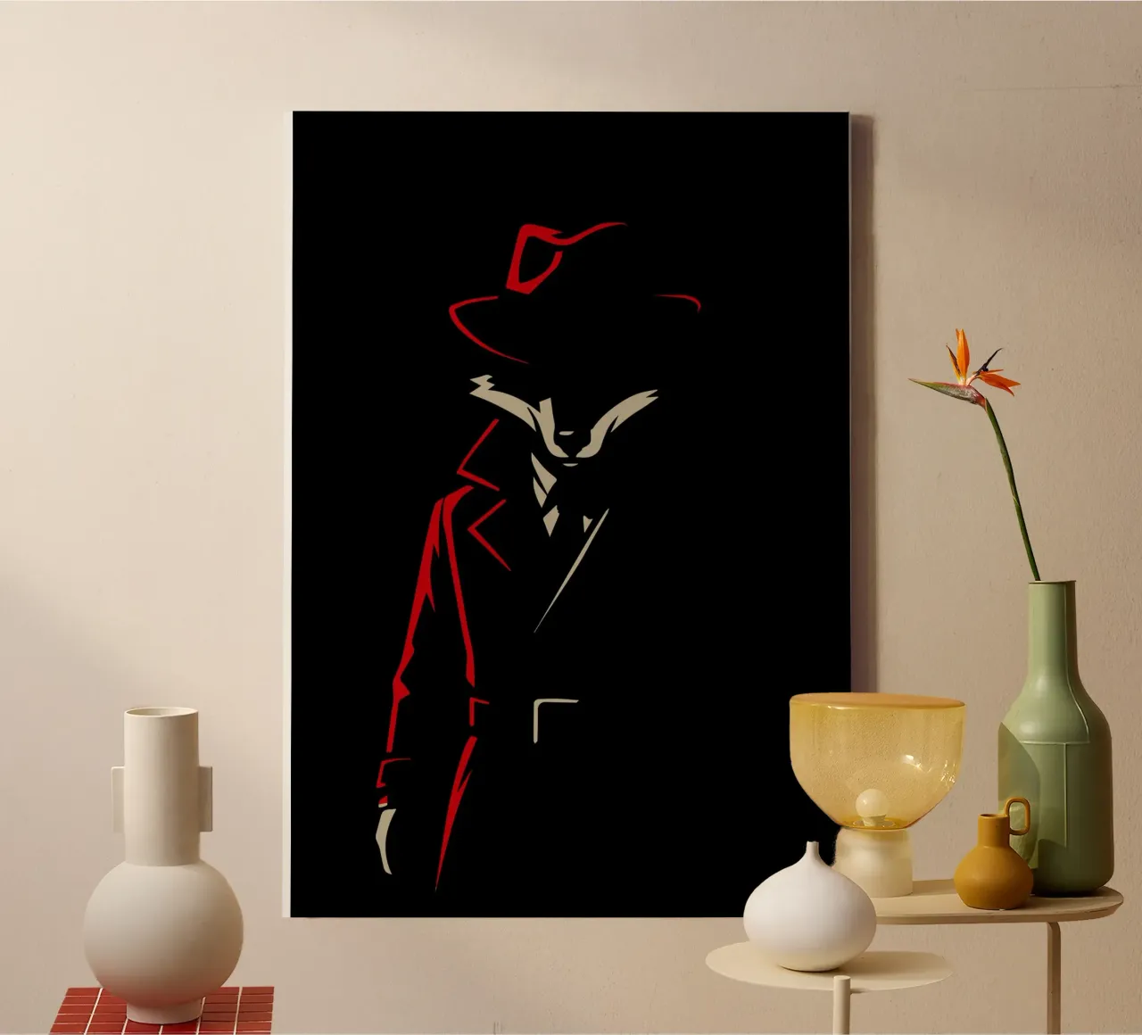 Fox in trench coat with red hat - Stylised motif canvas with Floater frame by nanosh