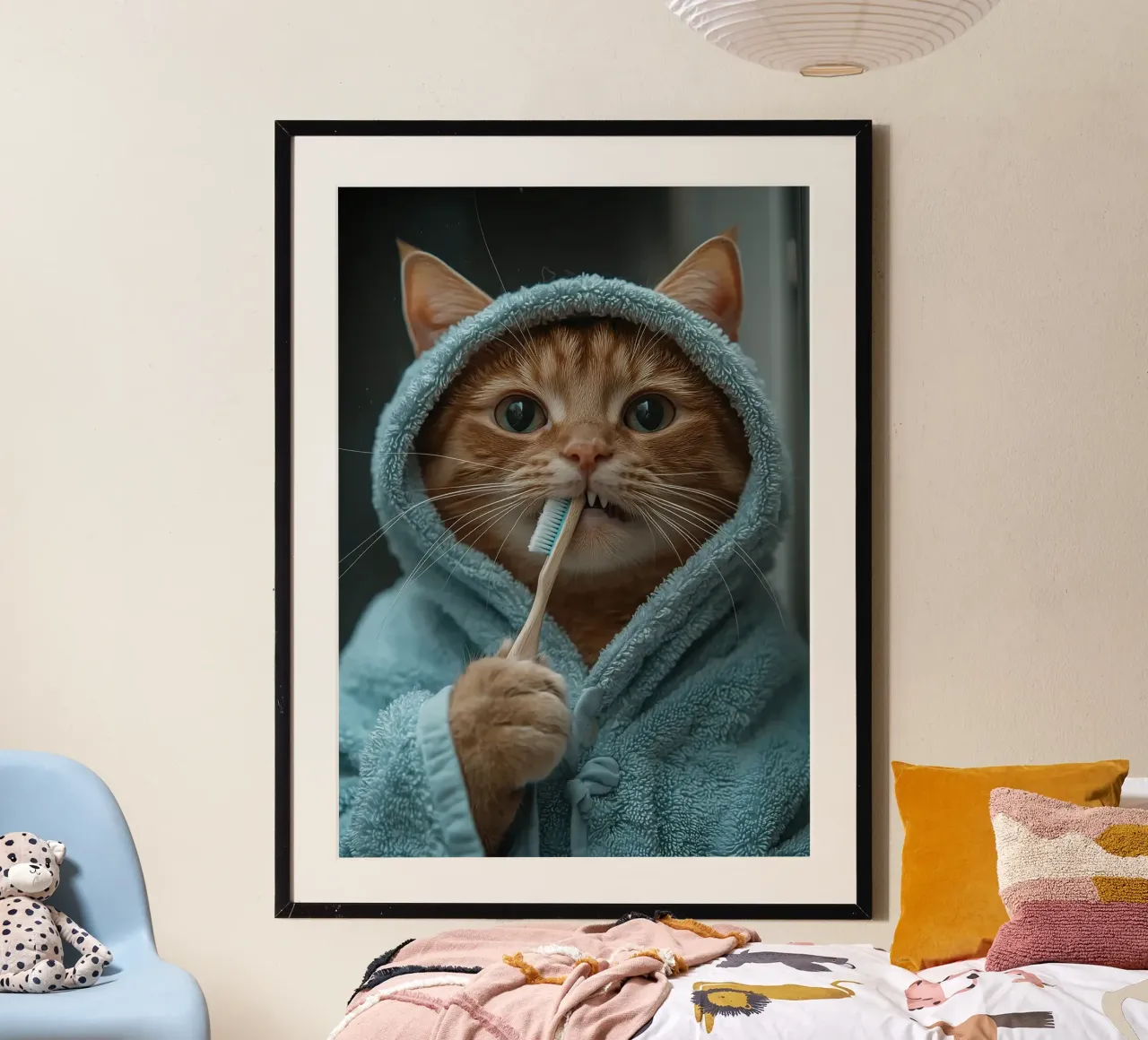 Gatto divertente che si lava i denti nel bagno poster con telaio in alluminio da Purrfect Whiskers Art