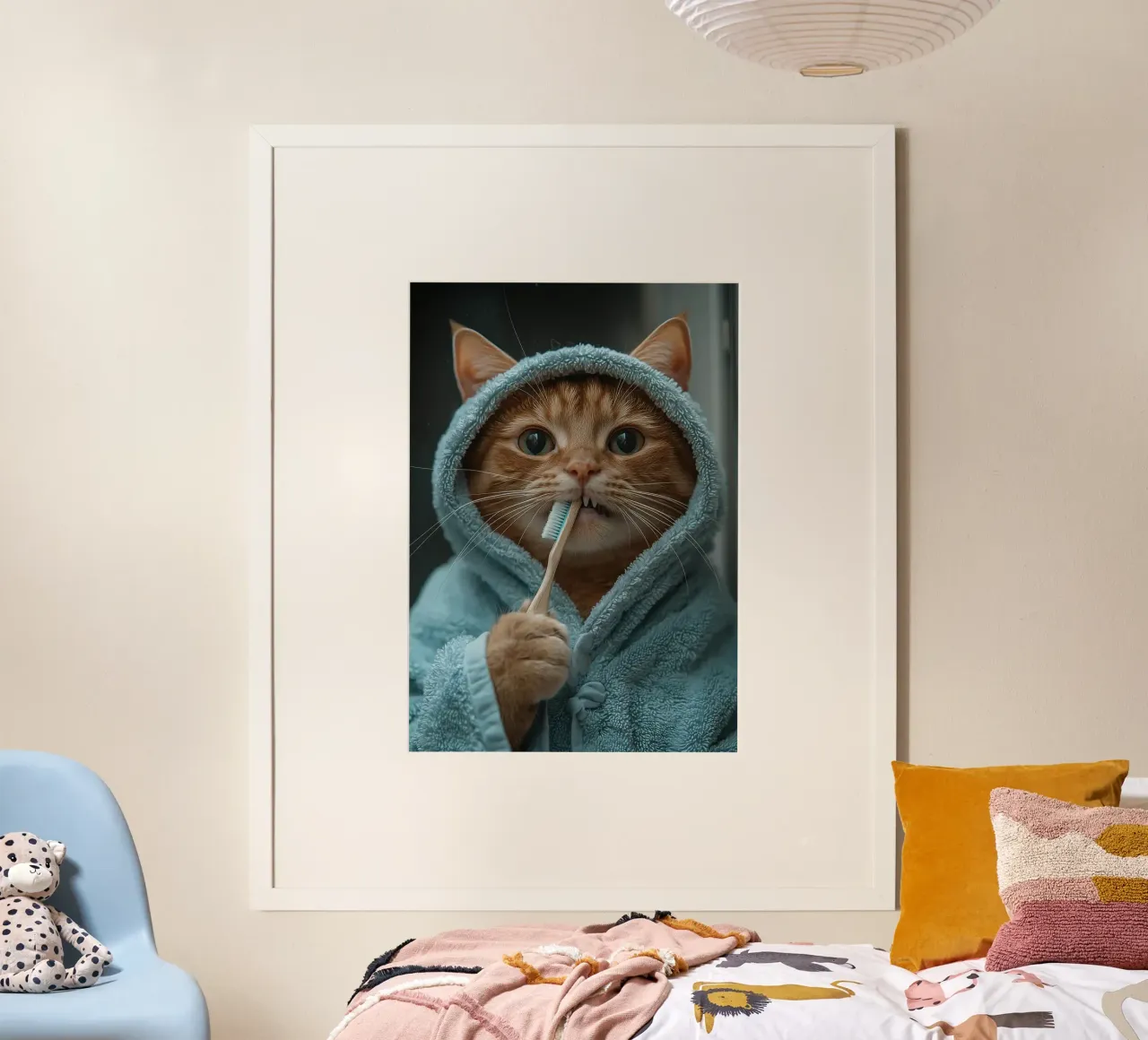 Gatto divertente che si lava i denti nel bagno poster con telaio in alluminio da Purrfect Whiskers Art