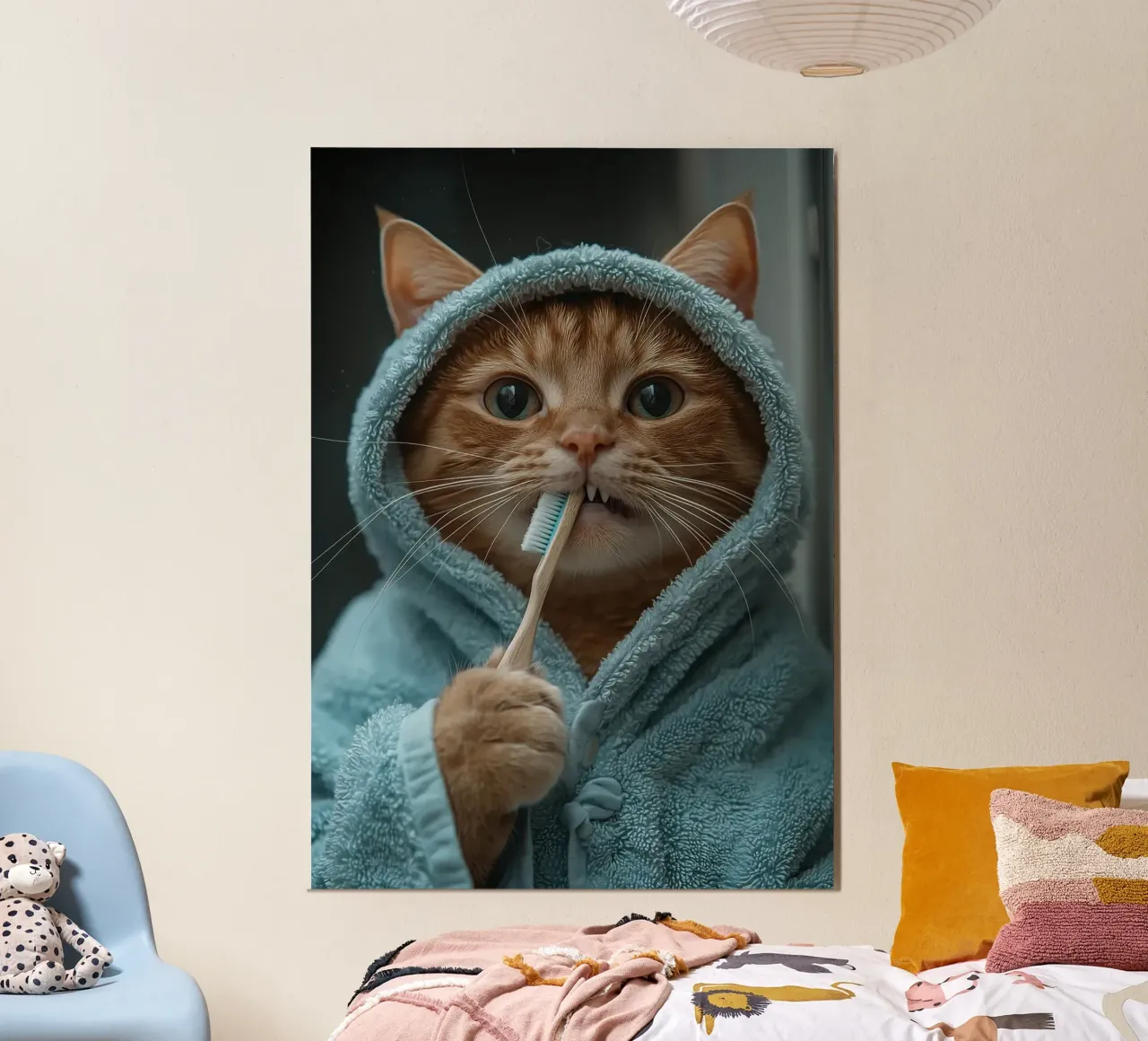Gatto divertente che si lava i denti nel bagno poster con telaio in alluminio da Purrfect Whiskers Art