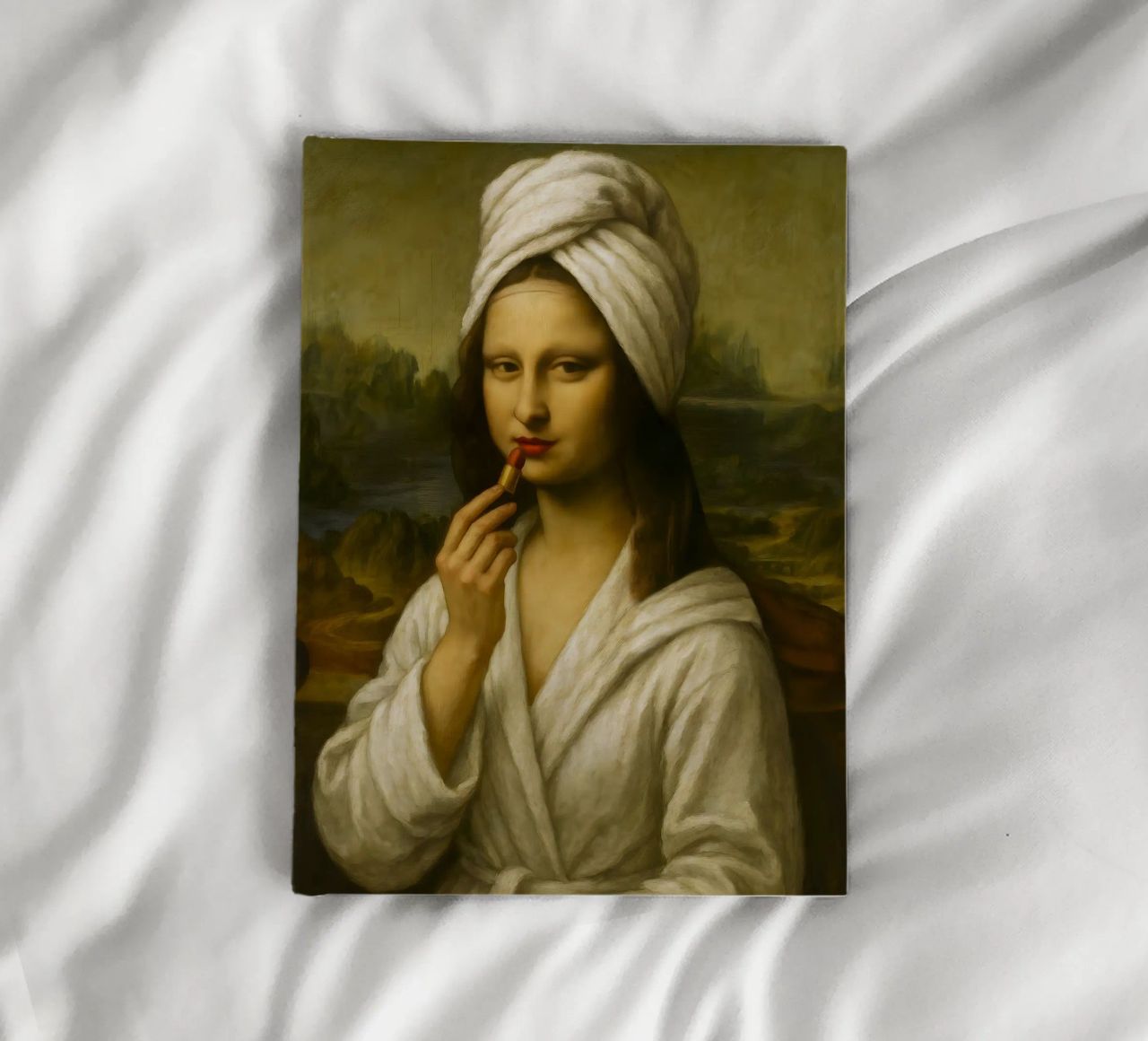 Mona Lisa Putting On Lipstick notebook by ARTOMATIC