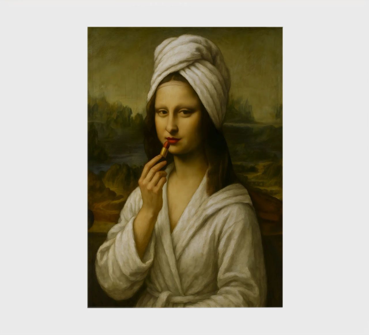 Mona Lisa Putting On Lipstick notebook by ARTOMATIC