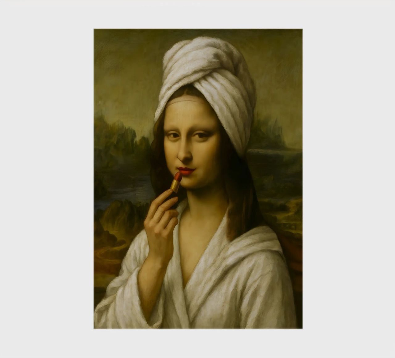 Mona Lisa Putting On Lipstick notebook by ARTOMATIC