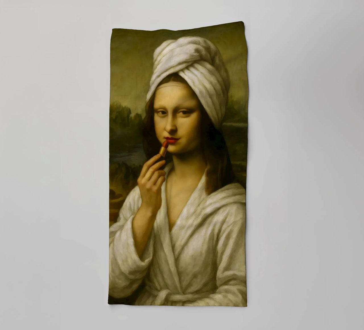 Mona Lisa Putting On Lipstick towel by ARTOMATIC