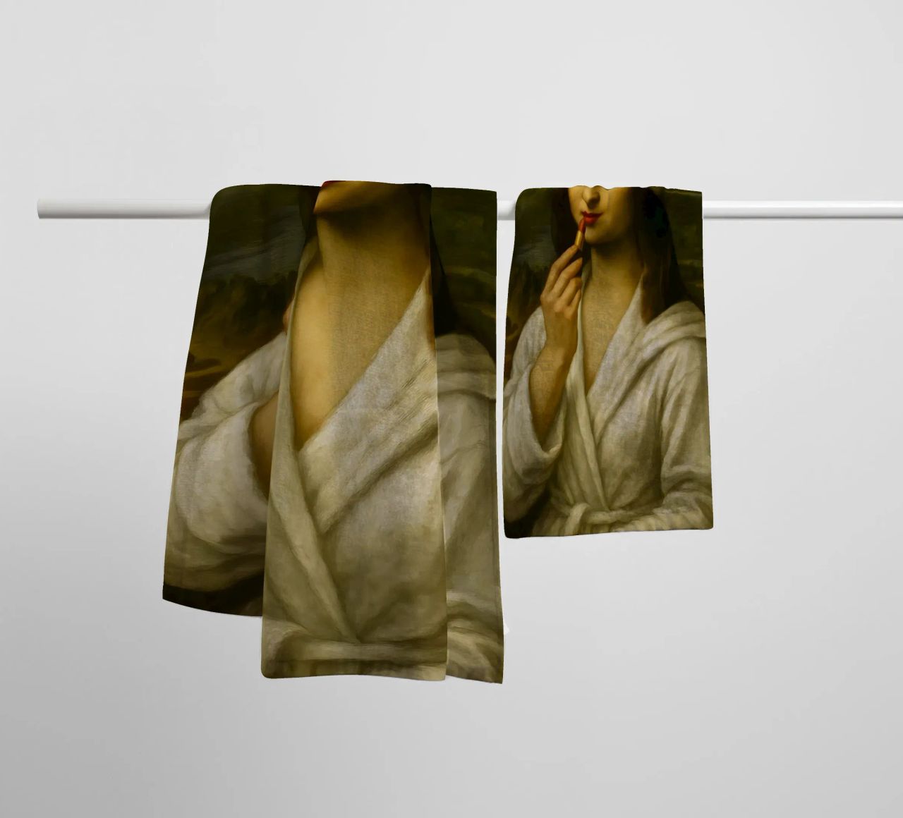 Mona Lisa Putting On Lipstick towel by ARTOMATIC