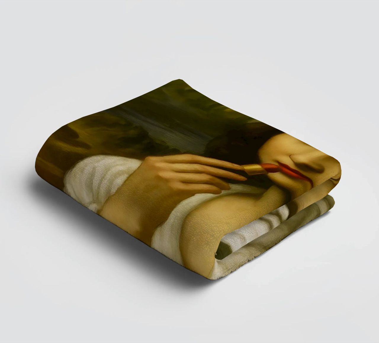 Mona Lisa Putting On Lipstick towel by ARTOMATIC