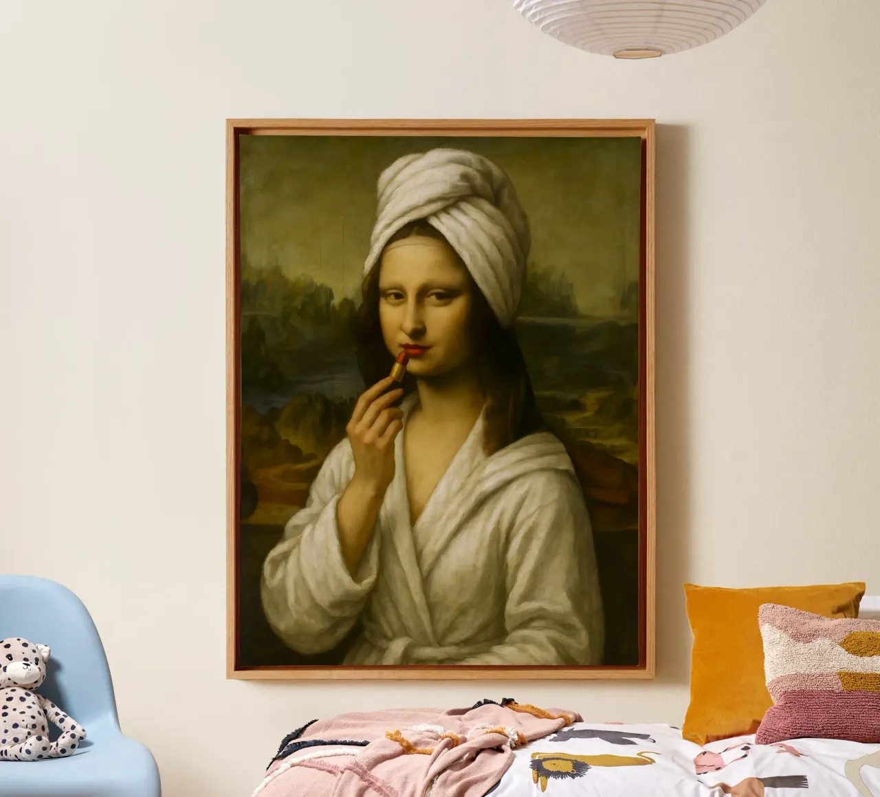 Mona Lisa Putting On Lipstick canvas with Floater frame by ARTOMATIC