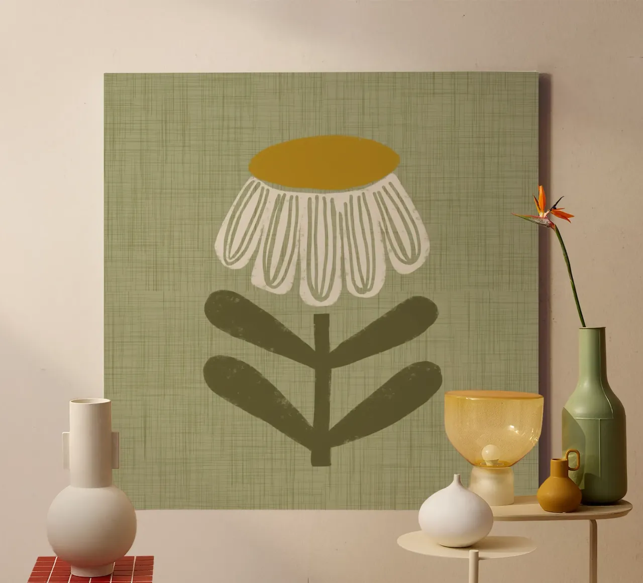 Retro Chamomile Flower on Sage canvas by susanacosta