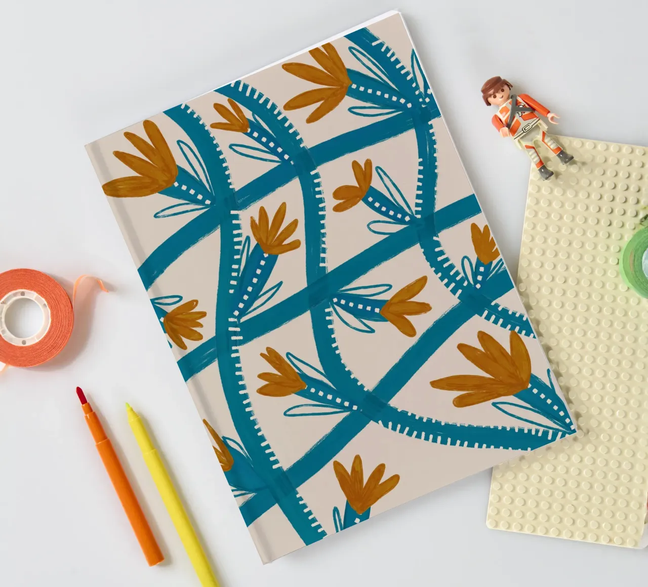 Modern Abstract Floral Pattern: Flowing Teal & Golden Flower notebook by susanacosta