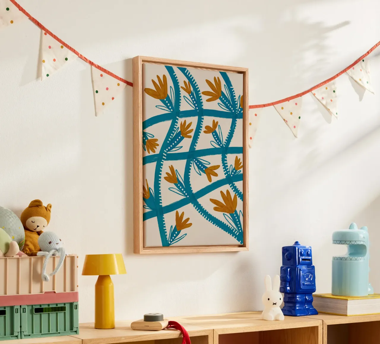 Modern Abstract Floral Pattern: Flowing Teal & Golden Flower canvas with Floater frame by susanacosta