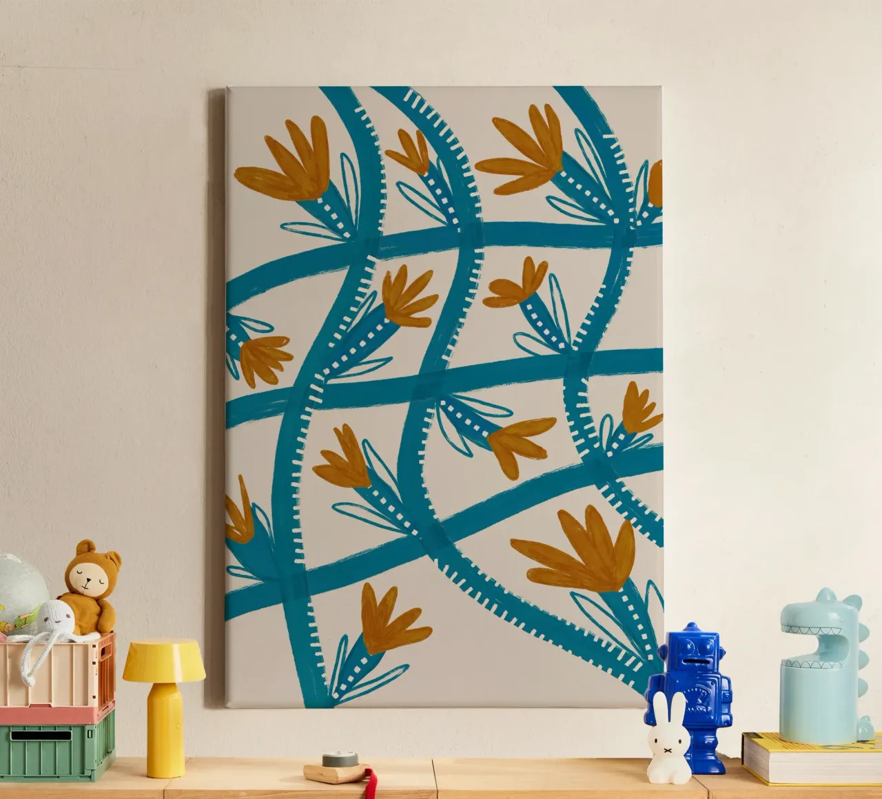 Modern Abstract Floral Pattern: Flowing Teal & Golden Flower canvas with Floater frame by susanacosta