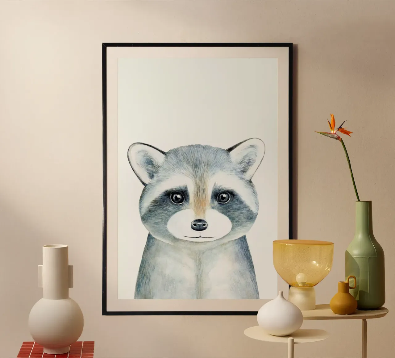 Ronnie The Racoon poster con telaio in plastica da Little Flourishes