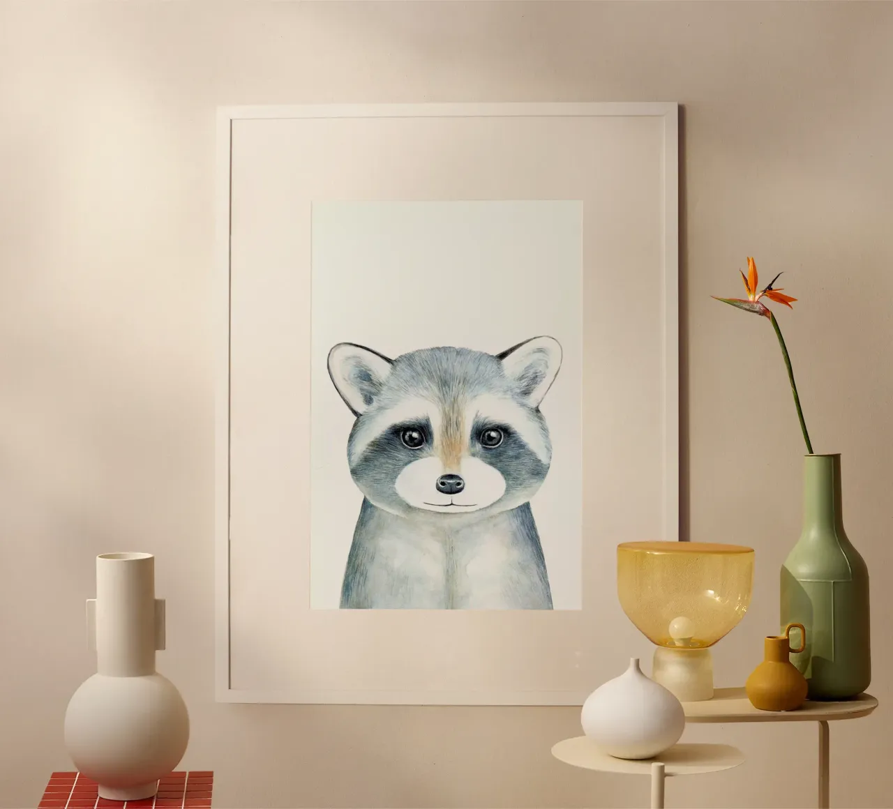 Ronnie The Racoon poster con telaio in plastica da Little Flourishes