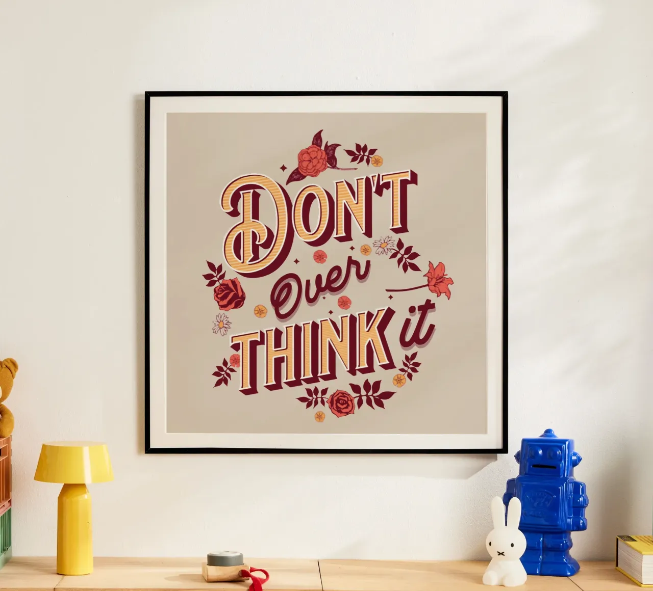 Denk er niet te lang over na poster met aluminium frame van Gunawan Rb