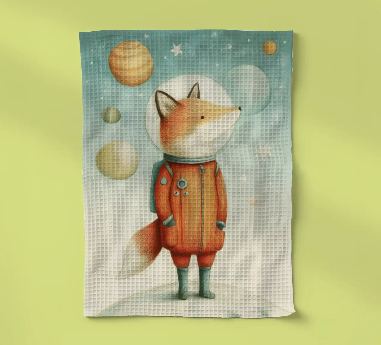 Astronaut vos op aarde met maan - Minimal Kids Print theedoek van Modern Muse