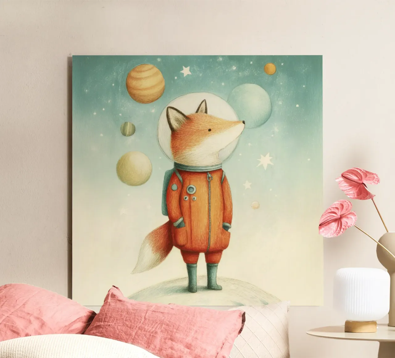 Astronaut Fox on Earth with Moon – Minimal Kids Print alu-dibond by Modern Muse