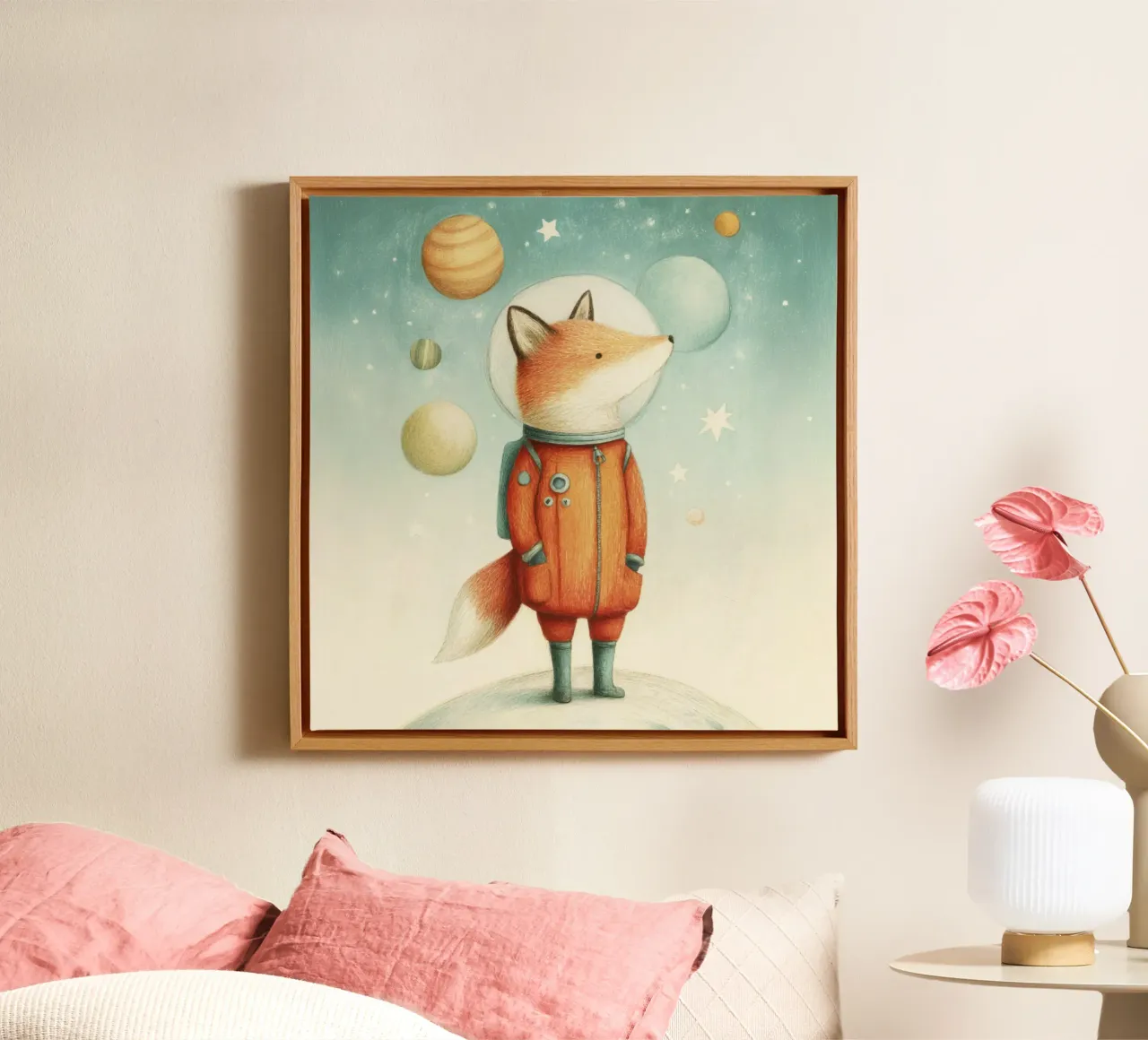 Astronaut vos op aarde met maan - Minimal Kids Print canvas van Modern Muse
