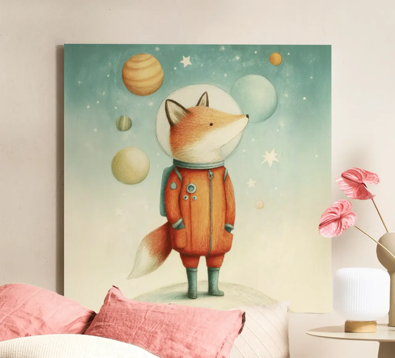 Astronaut vos op aarde met maan - Minimal Kids Print canvas van Modern Muse