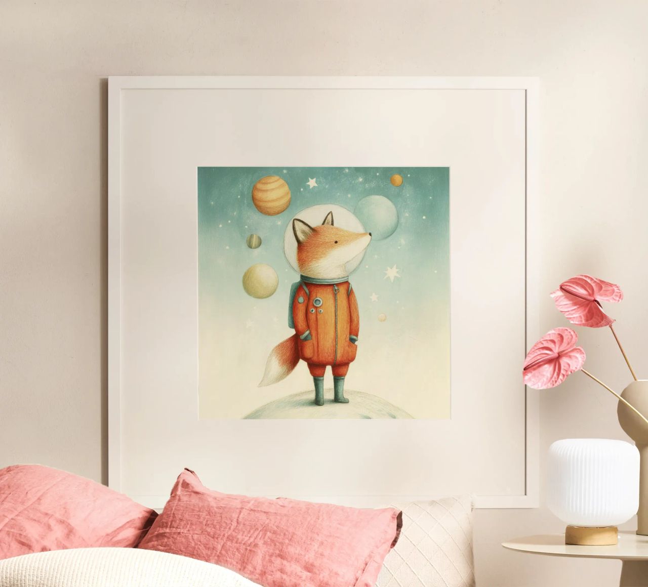 Volpe astronauta sulla Terra con la Luna - Stampa minimal per bambini poster da Modern Muse
