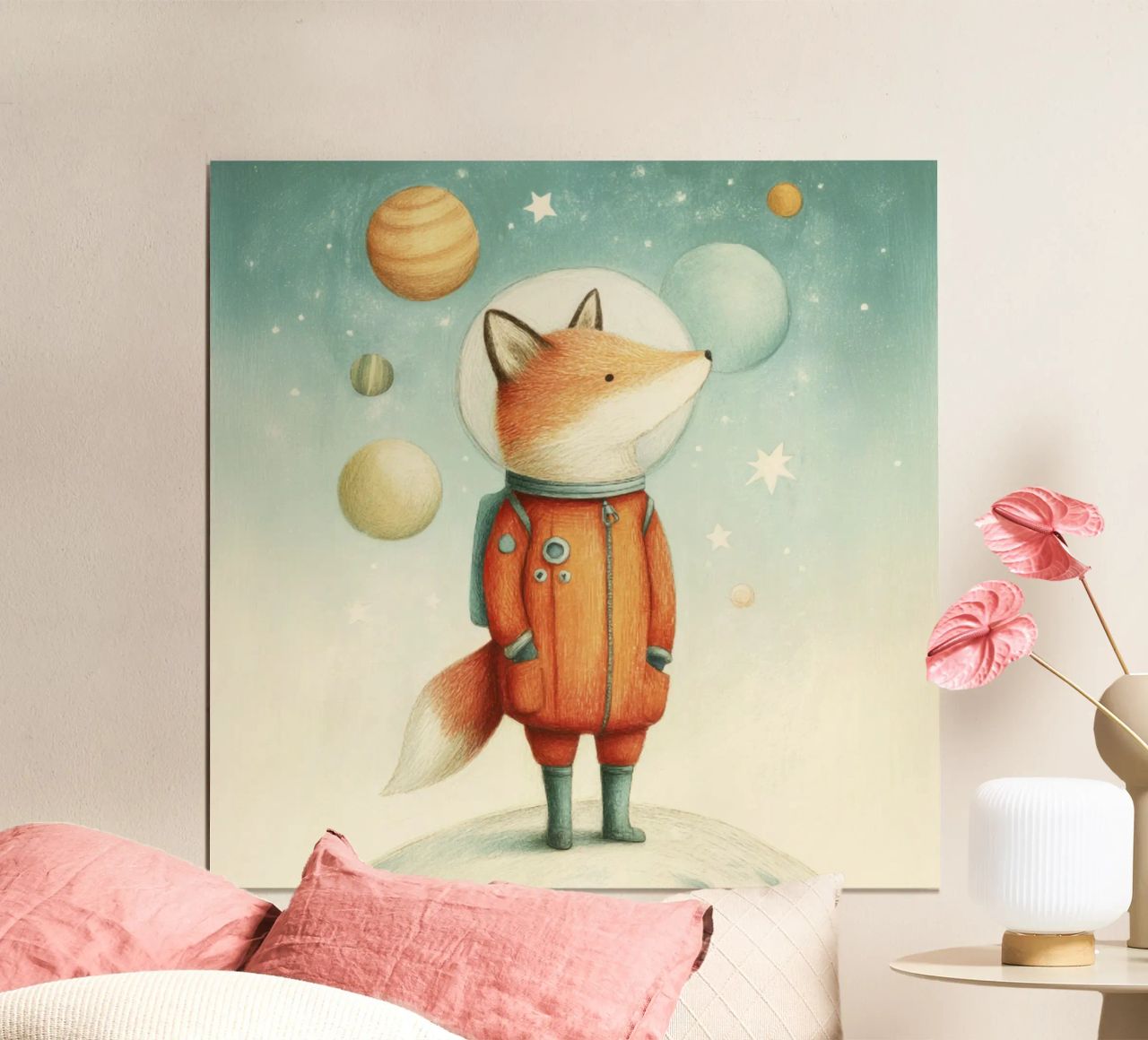 Volpe astronauta sulla Terra con la Luna - Stampa minimal per bambini poster da Modern Muse