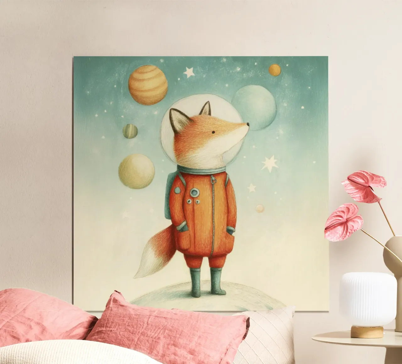 Astronaut vos op aarde met maan - Minimal Kids Print hahnemühle van Modern Muse