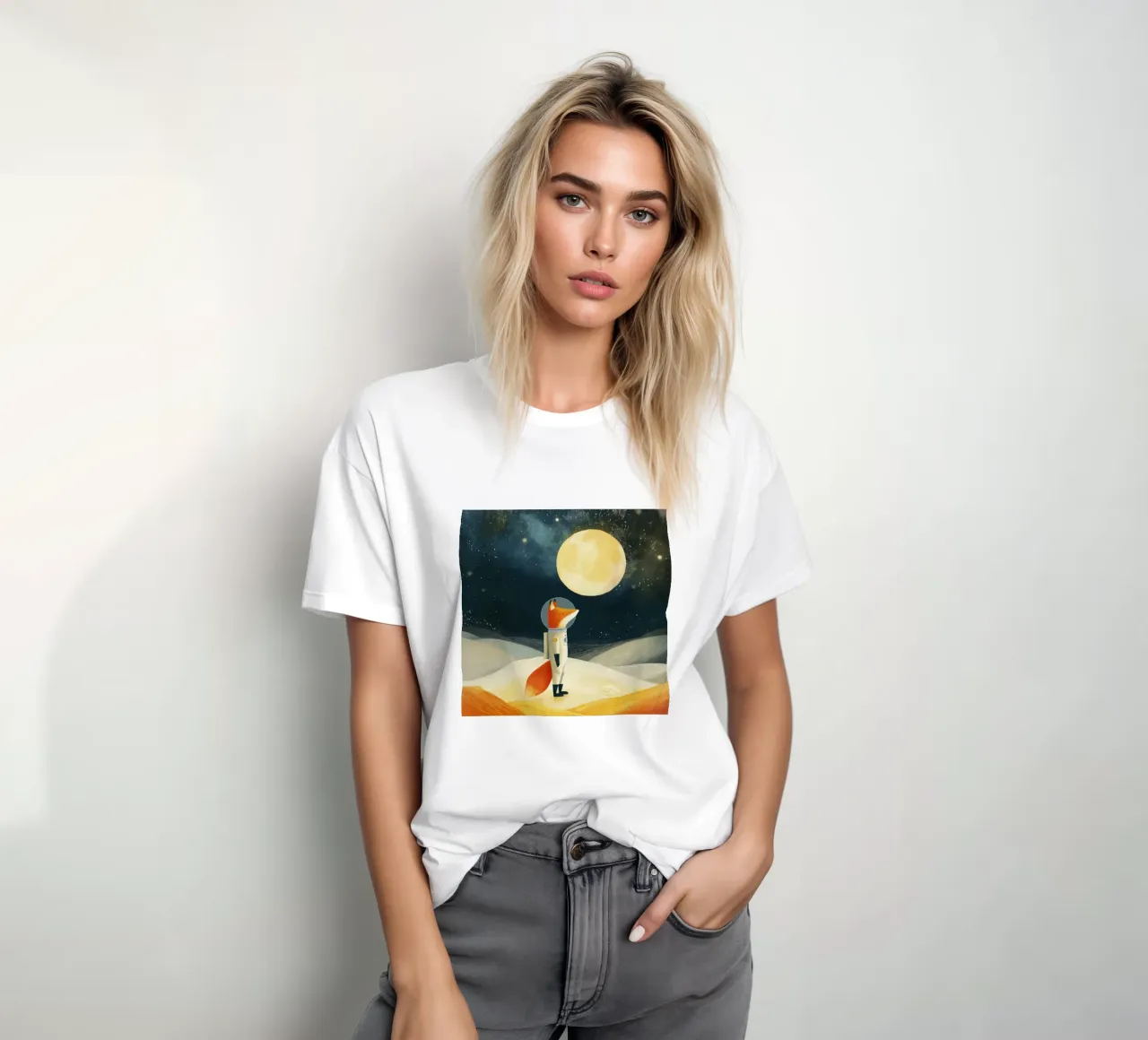Volpe astronauta che fluttua nello spazio - Arte minimalista per bambini t-shirt da Modern Muse